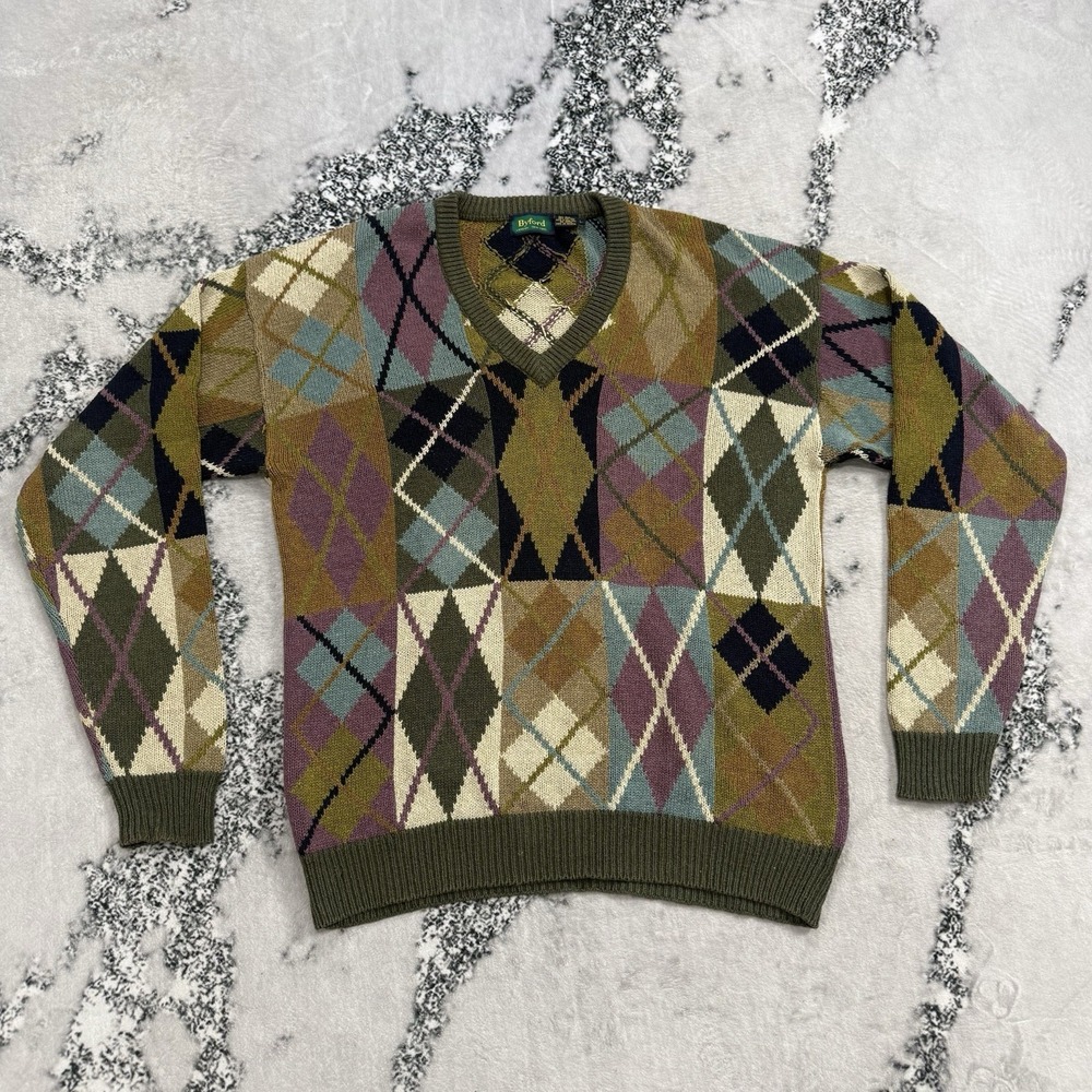 Byford London Silk Cotton Argyle Sweater Mens L V Neck Vintage Golf Granpa Core